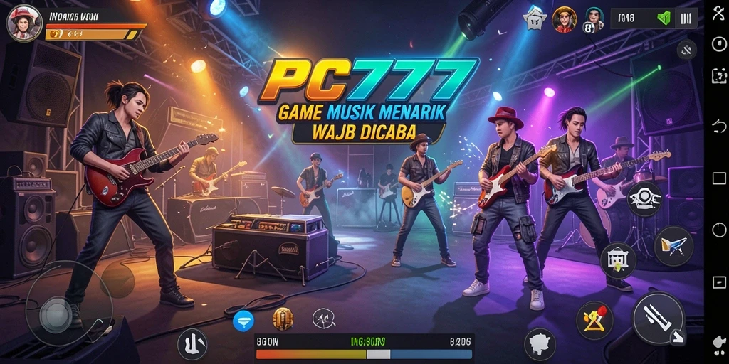 Screenshot gameplay PC777 menampilkan antarmuka menarik dan lagu-lagu populer.